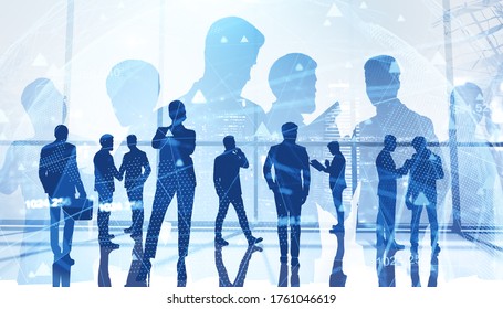 Silhouettes Of Business People Working Together In Blurry Night City Office With Double Exposure Of Network Interface. Concept Of Teamwork And Communication. Toned Image