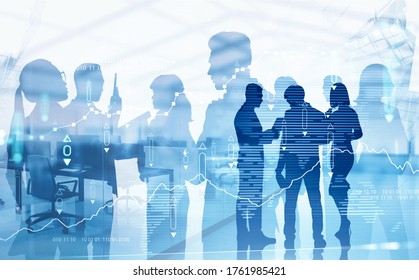 Silhouettes of business team members working together in blurry city office with double exposure of financial graph and world map. Concept of partnership and stock market. Toned image - Powered by Shutterstock