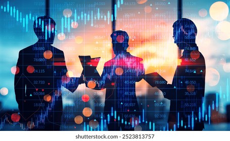 Silhouettes of businesspeople discussing financial data with charts and graphs overlay. Office setting with sunset background. Concept of teamwork and market analysis - Powered by Shutterstock