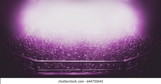 Silhouettes Of Concert Crowd In Front Of Bright Stage Lights. Dark Background, Smoke, Concert  Spotlights. View From Above