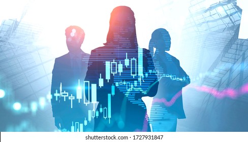Silhouettes Of Confident Traders Working Together In Abstract City With Double Exposure Of Blurry Financial Graph And Digital World Map. Concept Of Teamwork And Stock Market. Toned Image