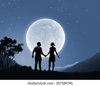 Silhouettes Romantic Couple Under Moon Light Stock Photo (Edit Now ...