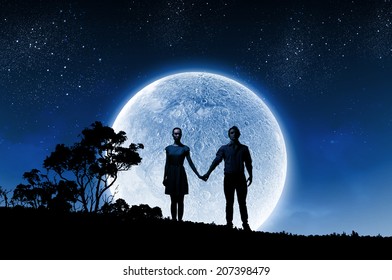 Silhouettes Couple Against Big Moon Background Stock Photo 207398479 ...