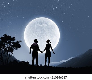 Silhouettes Couple Against Big Moon Background Stock Photo (Edit Now ...