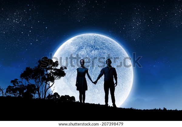 Silhouettes Couple Against Big Moon Background Stock Photo 207398479 ...