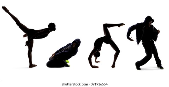 Silhouettes of dancers posing with classical ballet and modern hip hop dance.  The image depicts a dance class