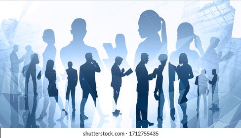 Silhouettes of diverse business people working together in blurry abstract city with creative double exposure effect. Concept of partnership and corporate life. Toned image