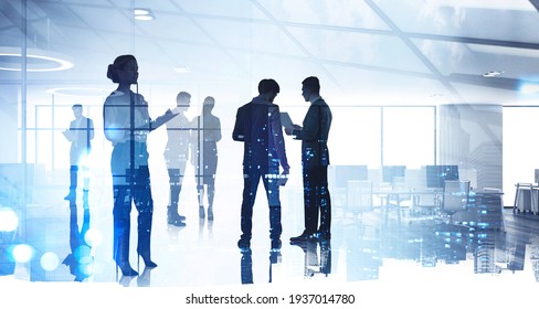 Silhouettes of diverse business people working together, toned image of office interior and skyscrapers. Concept of modern office with managers, partners
