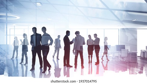 Silhouettes of diverse business people working together, toned image of office interior and skyscrapers. Concept of modern office with managers, partners - Powered by Shutterstock