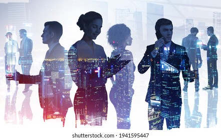 Silhouettes Of Diverse Business People Working Together, Toned Image Of Skyscrapers At Night. Concept Of International Communication With Partners, Technology And Connection