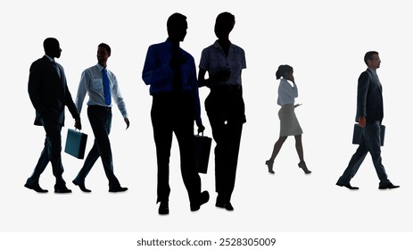 Silhouettes of diverse business professionals walking. Business professionals carrying briefcases. Silhouettes of men and women. Business professionals in motion. Silhouette of business people. - Powered by Shutterstock