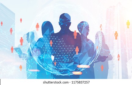 Silhouettes of diverse business team members standing together. Cityscape, hr peopel network and earth. Global world concept. Toned image double exposure Elements of this image furnished by NASA - Powered by Shutterstock