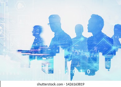 Silhouettes of diverse business team members in blurred city with double exposure of network hologram and business interface. Concept of technology and communication. Toned image