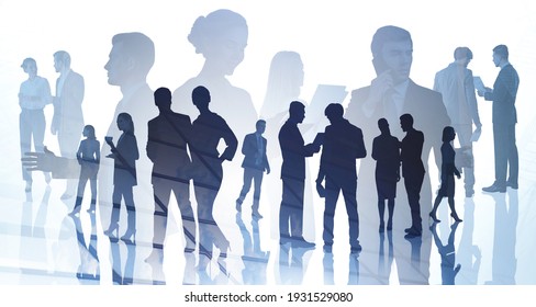 Silhouettes of diverse businessman and businesswoman, double exposure of office room. Concept of corporate communication and teamwork. Toned image