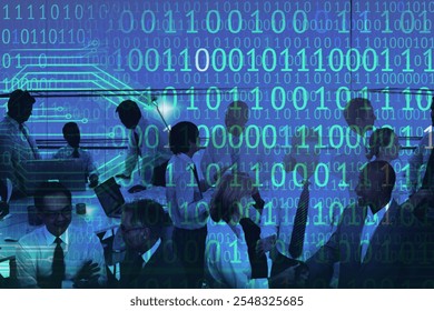 Silhouettes of diverse people working with binary code overlay. Technology, teamwork, and digital data in a collaborative environment. Tech and data focus. Corporate business people in silhouette.