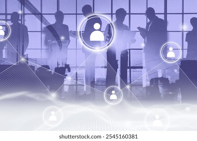 Silhouettes of diverse professionals in a networked office setting. Business professionals, office environment, networked connections. Diverse professionals in a networked office graphic overlay. - Powered by Shutterstock