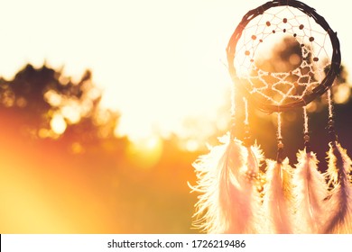 Silhouettes of dream catcher and plants. Bright sunbeams. Cover for a music album.