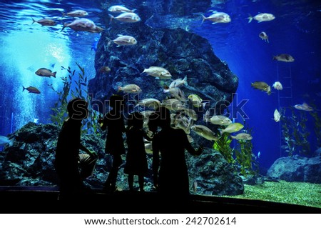 Silhouettes of family with two kids in oceanarium, looking at fishes in aquarium 