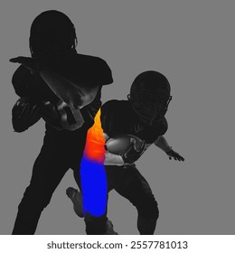 Silhouettes of man, American football player in motion enhanced with vivid orange and blue gradient overlay against grey background. Concept of sport, creativity, active lifestyle. Poster, ad - Powered by Shutterstock