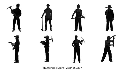 Silhouettes of many male miners with pick axes on white background - Powered by Shutterstock