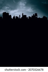 Silhouettes Of New York City Skyline Buildings With Dark Swirling Storm Clouds Overhead And Empty Space Below