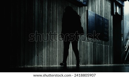 Silhouettes of people in daily commute in underground train platform station, moody atmosphere Foto stock © 