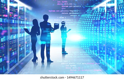 Silhouettes Of People With Laptops In Server Room With Double Exposure Of Planet Hologram And Lines Of Code. Concept Of Programming. Toned Image