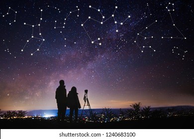 Silhouettes of people observing stars and constellation during night and taking photo of starry sky. Astronomy and Astrophotography concept.  - Powered by Shutterstock