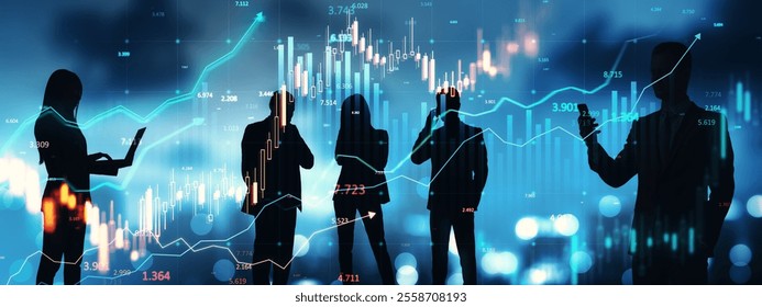Silhouettes of people working with devices, financial charts overlay, blue background, concept of teamwork, investment, and growth