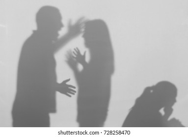 Silhouettes of quarreling parents and little child on white background. Domestic violence concept - Shutterstock ID 728258470