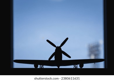 Silhouettes of scale models airplane fighter against the background of the sky. Plastic assembly kit