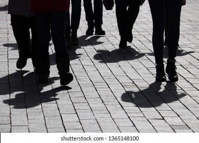 Silhouettes And Shadows Of People On The Street. Crowd Walking Down On Sidewalk, Concept Of Society, Population, Pedestrians, Urbanisation