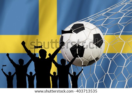 silhouettes of Soccer fans with flag of Sweden .Cheer Concept