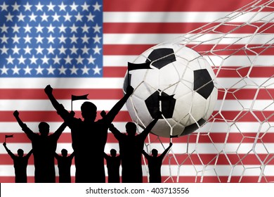 Silhouettes Of Soccer Fans With Flag Of USA .Cheer Concept