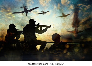 Silhouettes Of Soldiers And Planes In Combat Zone. Military Service