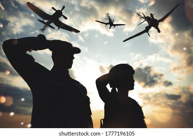 Silhouettes Of Soldiers Saluting And Planes In Combat Zone. Military Service