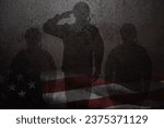 Silhouettes of soldiers saluting rusty on iron background with image of USA flag. American holiday typography poster. Banner, flyer, sticker, greeting card, postcard.