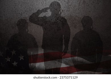 Silhouettes of soldiers saluting rusty on iron background with image of USA flag. American holiday typography poster. Banner, flyer, sticker, greeting card, postcard.