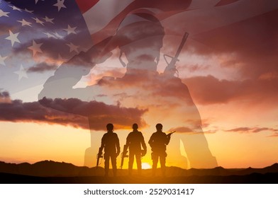 Silhouettes of a soldiers with USA flag against the sunset. Veterans Day, Memorial Day concept - Powered by Shutterstock