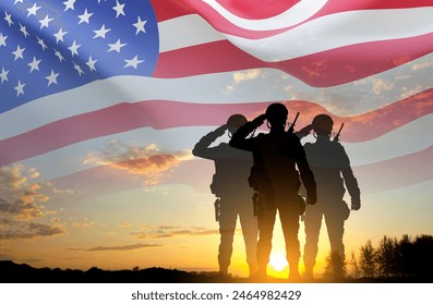 Silhouettes of soldiers with USA flag. Greeting card for Veterans Day, Memorial Day, Independence Day - Powered by Shutterstock