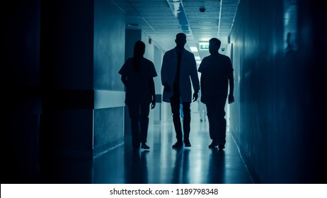 Silhouettes of Surgeon and Doctor Walk Through Dark Hospital Hallway. Modern Hospital with Professional Staff.