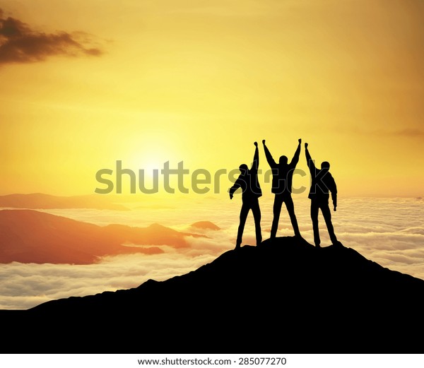 Silhouettes Team On Mountain Peak Sport Stock Photo (Edit Now) 285077270