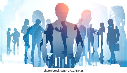 Silhouettes Of Three Diverse Confident Business People Working Together In Abstract Blurry City With Creative Double Exposure Effect And Their Colleagues. Concept Of Leadership. Toned Image