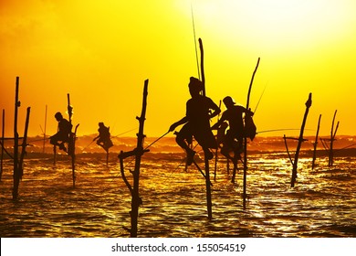 Silhouettes of the traditional fishermen at the sunset near Galle in Sri Lanka.   - Powered by Shutterstock