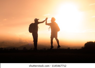 Silhouettes Two Hikers Backpacks Enjoying Sunset Stock Photo 1145467712 ...