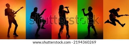 Silhouettes of various musicians playing different instruments over multicolored background in neon. Concept of emotions, art, ad and music. Collage, poster, flyer