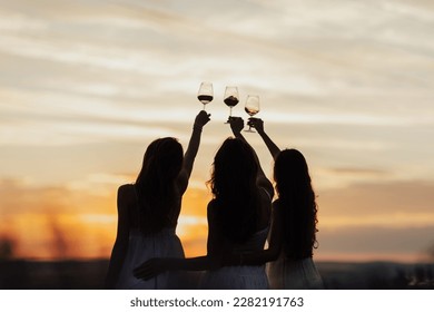 Silhouettes of women in the park in evening sunlight. The lights of a sun. The company of female friends enjoys a summer picnic and raise glasses with wine. 