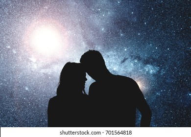 Silhouettes Young Couple Under Starry Sky Stock Photo 701564818 ...