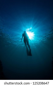 Silhouettes Of A Young Women Free Diving In The Pacific Ocean