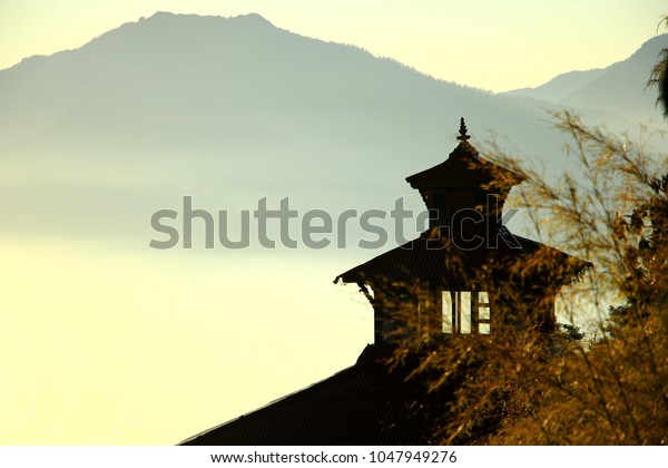 Silhoutte Buddhism Monasterys Figure Misty Mountain Stock Photo